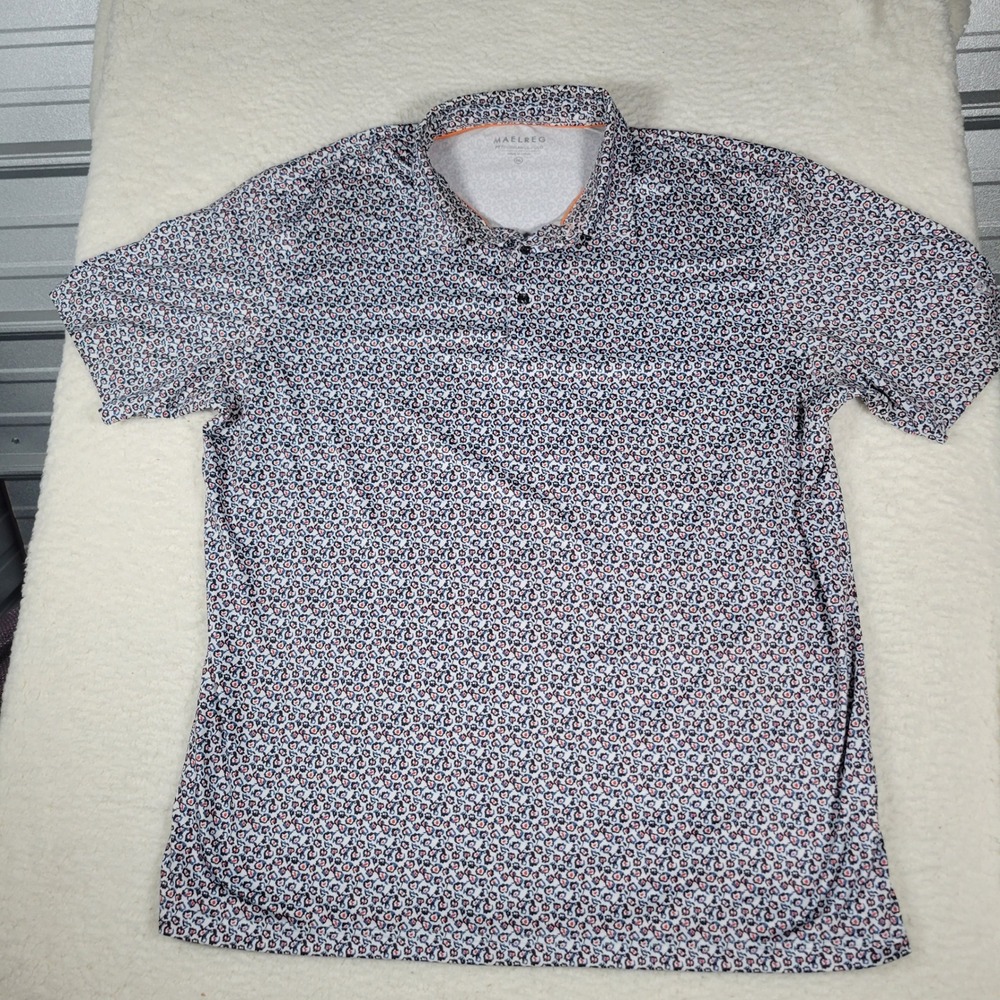 Maelreg Performance Polo Mens Size 2XL‎ White Navy Red Floral Print Golf Shirt